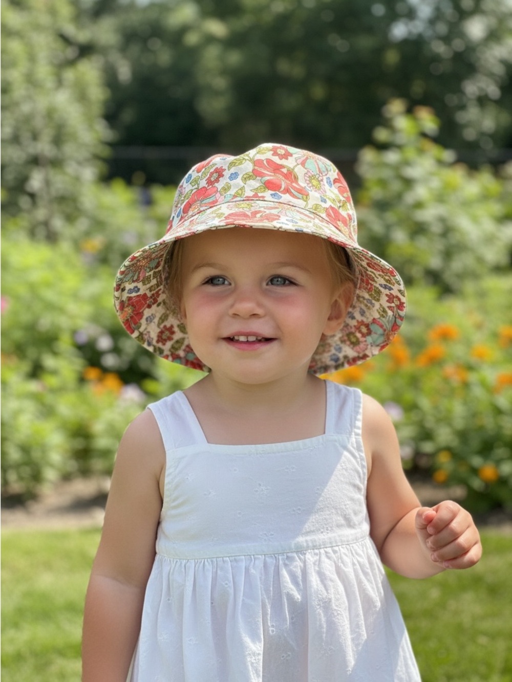Kids Floral Bucket Hat with Pink & Cream Bloom Print